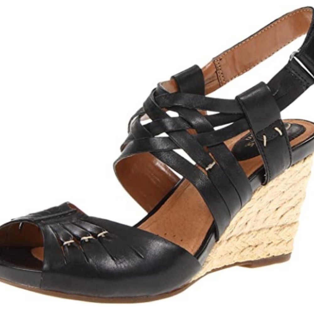 Clarks Artisan Black Leather Espadrille Wedges